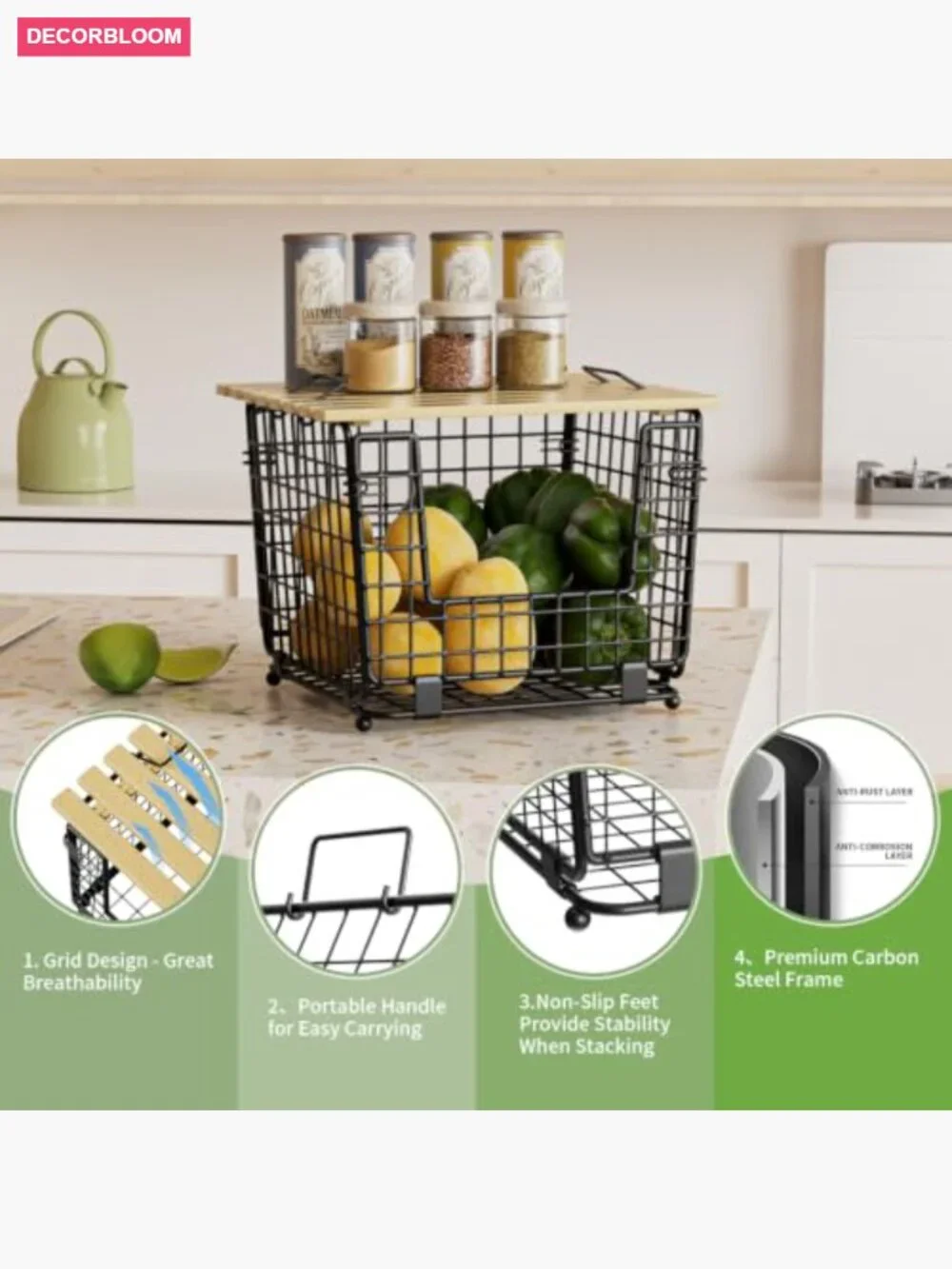 Stackable Wire Storage Baskets for Kitchen Pantry Counter Organizer - 2 Pack